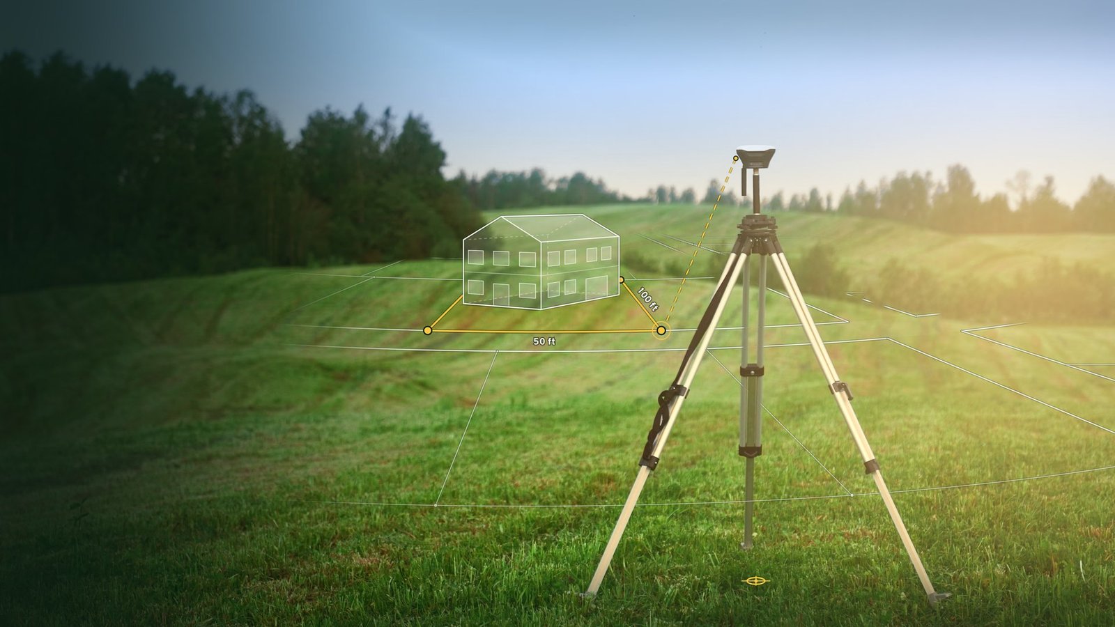 A surveyor's GPS receiver on a tripod in a green field, with plot boundaries marked on the ground and a planned two-storey house drawn on one plot.